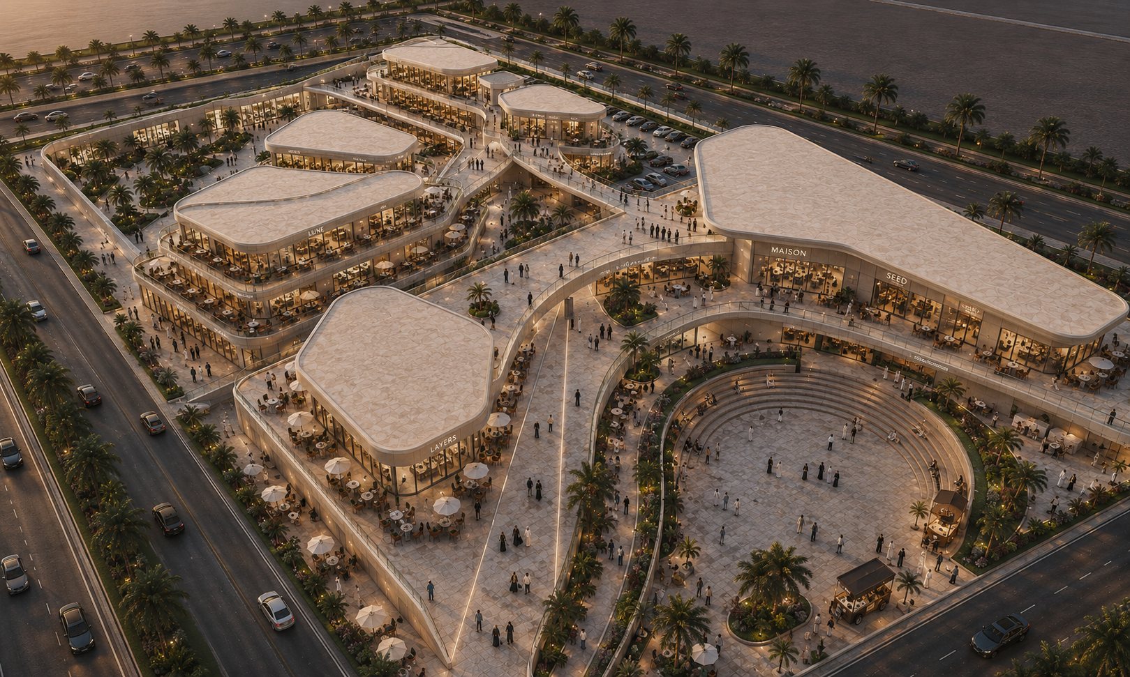Aerial massing view of a Creative Urban Designs development study
